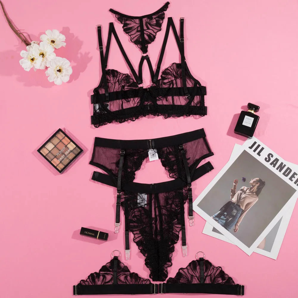 Black women's embroidery stitching mesh bra bikini set with three-point style design
