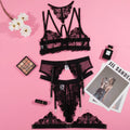Black women's embroidery stitching mesh bra bikini set with three-point style design