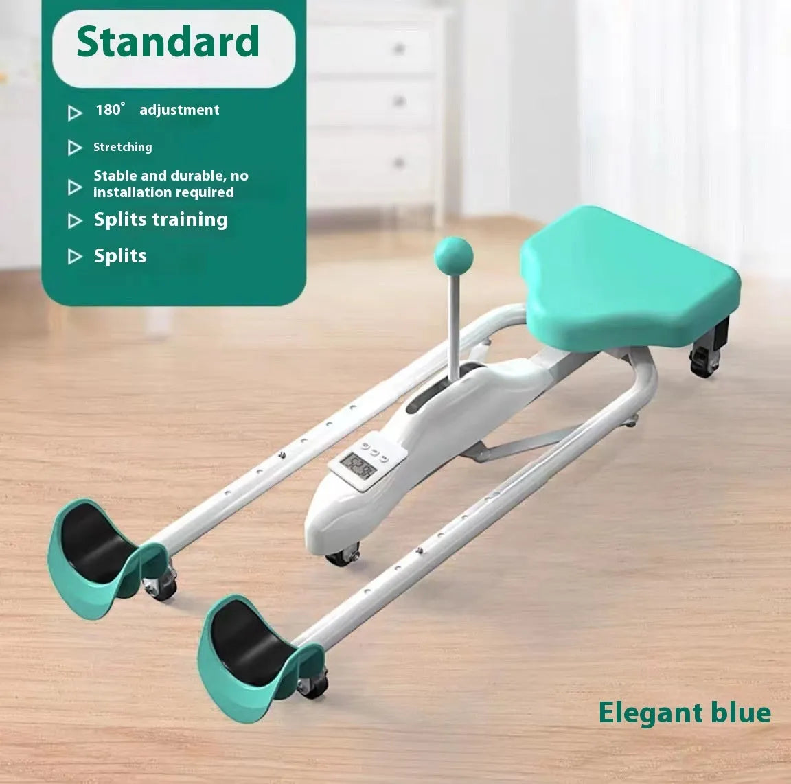 Pink and blue leg stretching equipment with steel frame and foam padding, shown with and without a backrest.