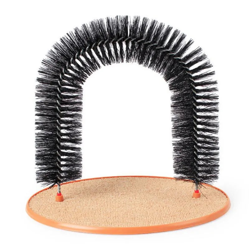 Grey arched plastic cat grooming toy with integrated brush bristles for scratching and rubbing