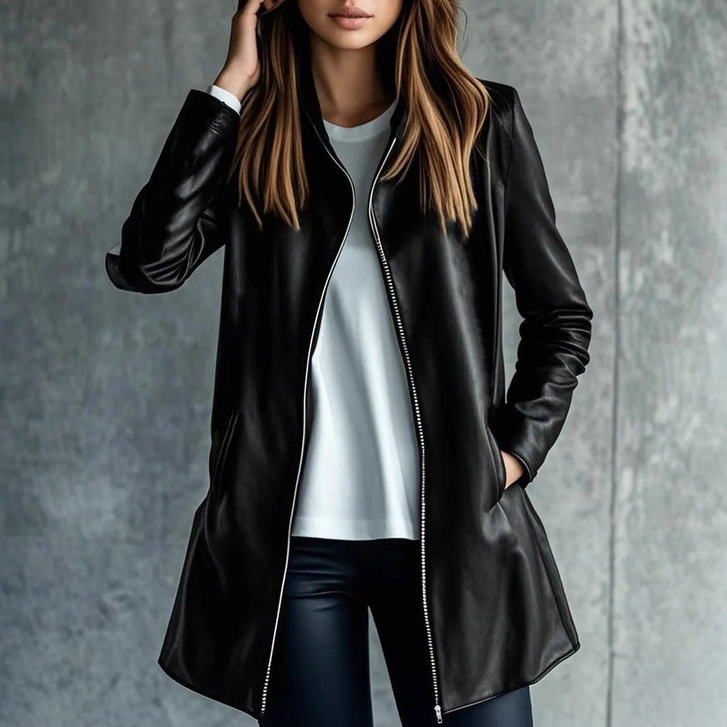 Women's black leather jacket with medium 65cm length and long sleeves