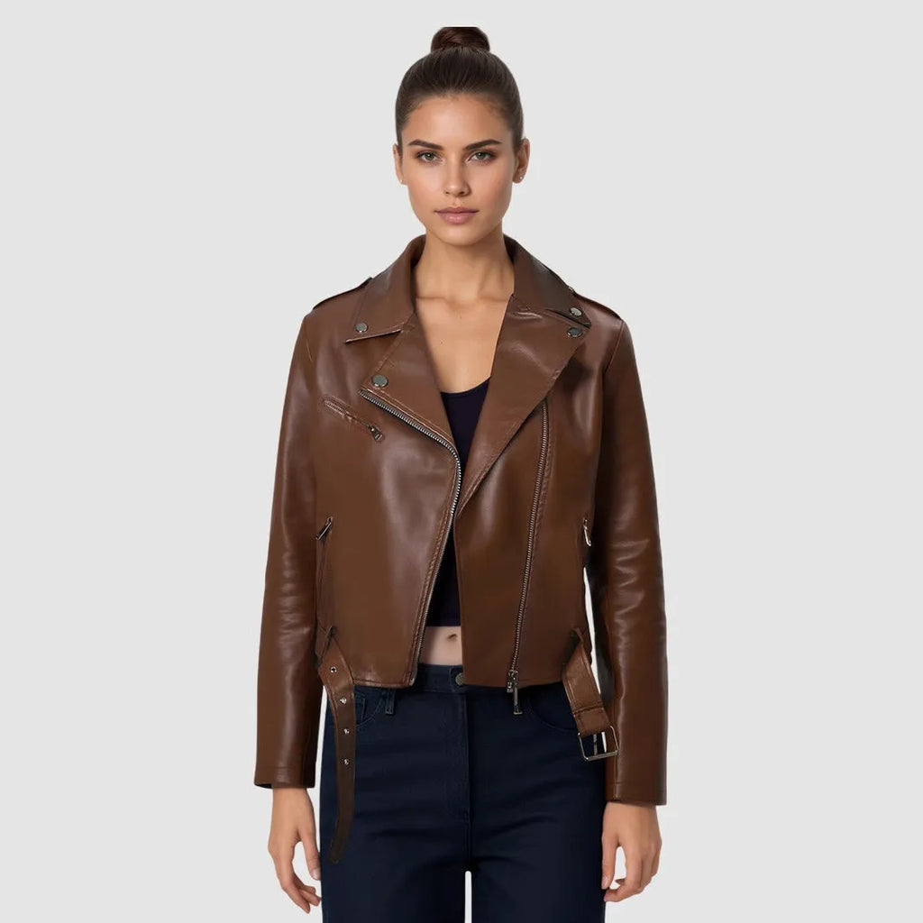 Woman wearing a red PU leather jacket with an adjustable black lapel belt fastened at the waist.