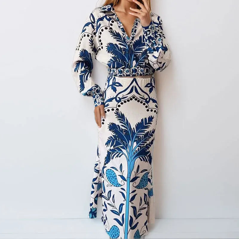 Floral print long sleeve top and long skirt casual co-ord set in loose fit.