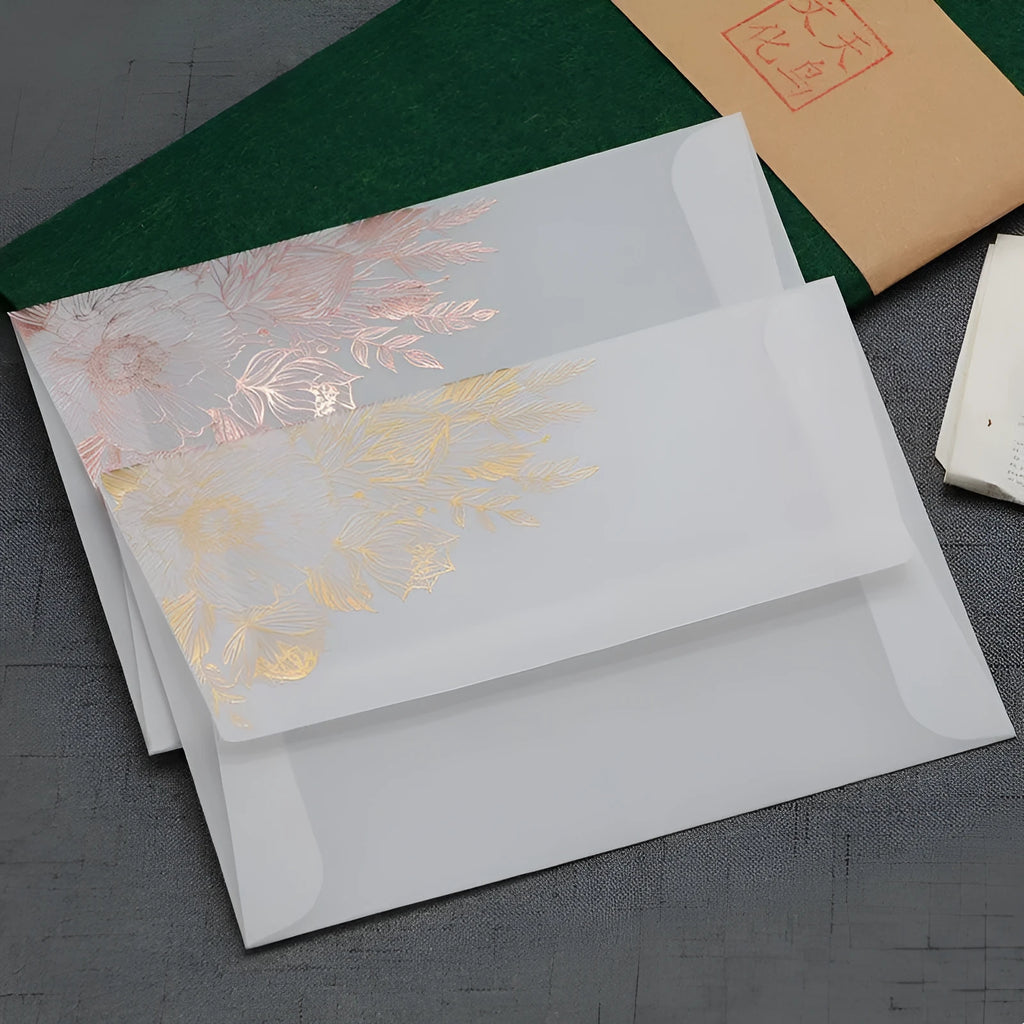 Gold and rose gold sulfuric acid paper invitation cards with bronzing matte varnish finish.