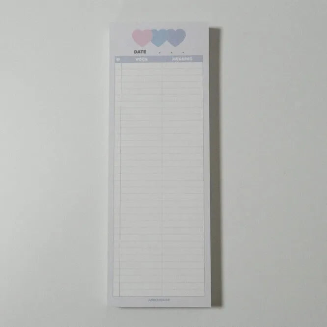 Vertical English word notepad in blue, pink, or purple cover, showing double-sided printed pages.