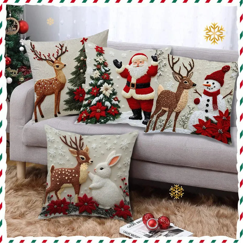 Christmas cushion cover 45x45cm with elk and rabbit print on linen-style fabric for sofa decoration