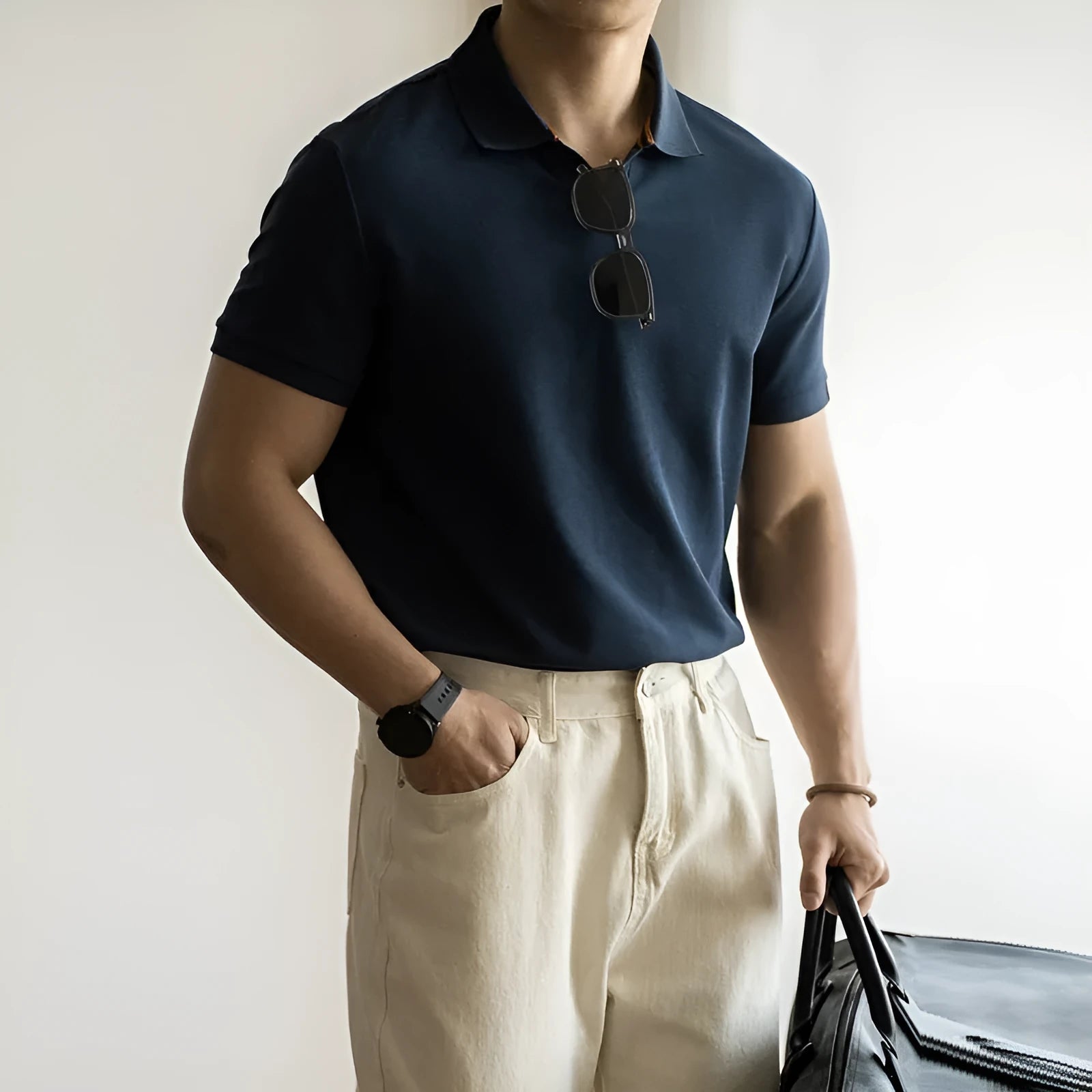 Blue short-sleeved polo shirt on a hanger, showing regular fit and cotton-polyester fabric blend.