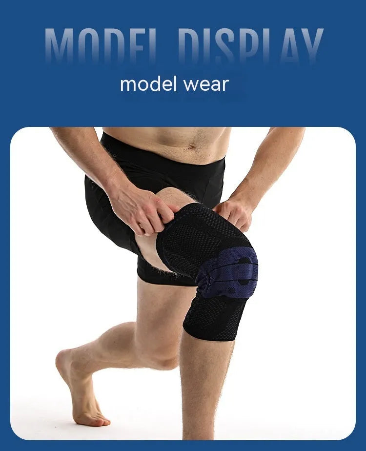 Adult sports knee pads in black and blue, made from nylon and spandex fabric.
