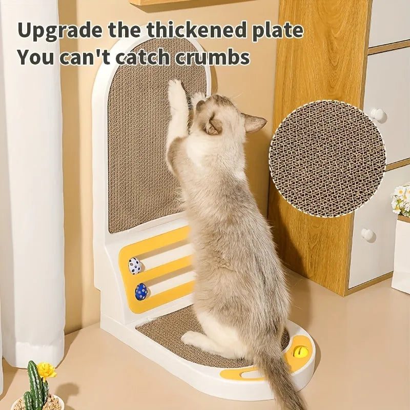 Grey L-shaped vertical cat scratching board made of thick corrugated cardboard on a floor.