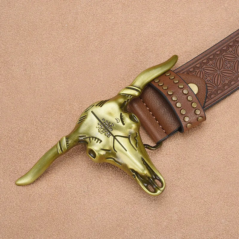 Men's cowhide faux leather belt with embossed rivets and alloy buckle in brown finish
