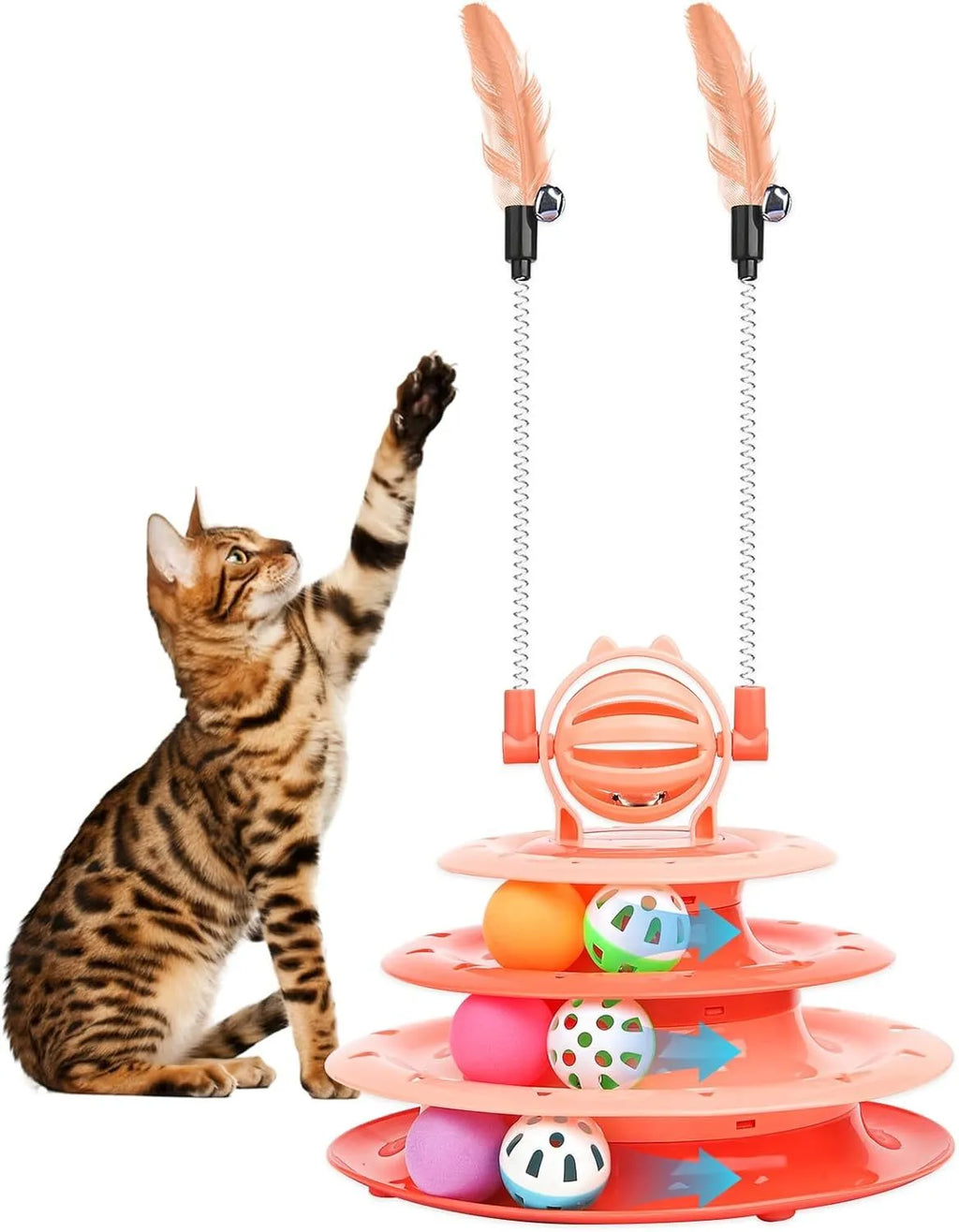 Blue 4-tier interactive cat toy carousel with balls and teasing rods