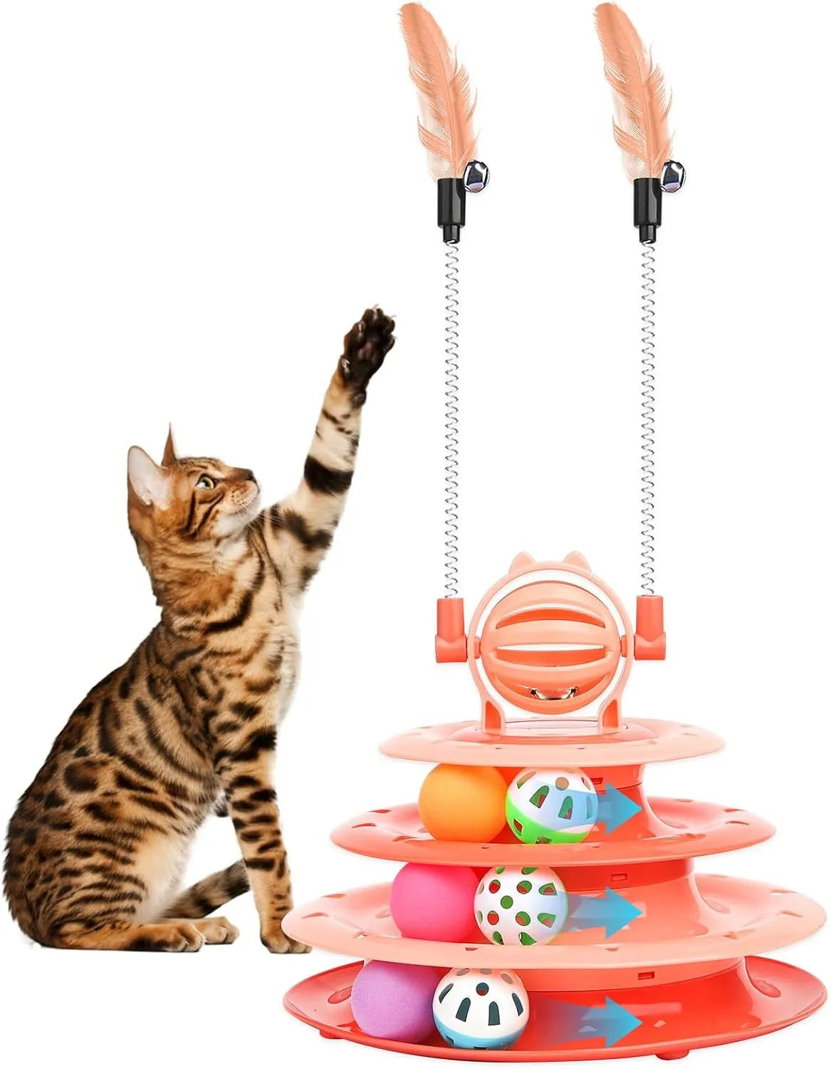 Blue 4-tier interactive cat toy carousel with balls and teasing rods