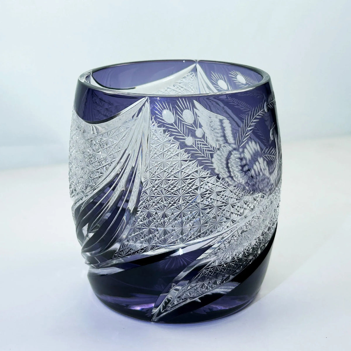 Lavender purple crystal glass cup with handmade phoenix carving, cylindrical Japanese style shape, 301-400ml capacity