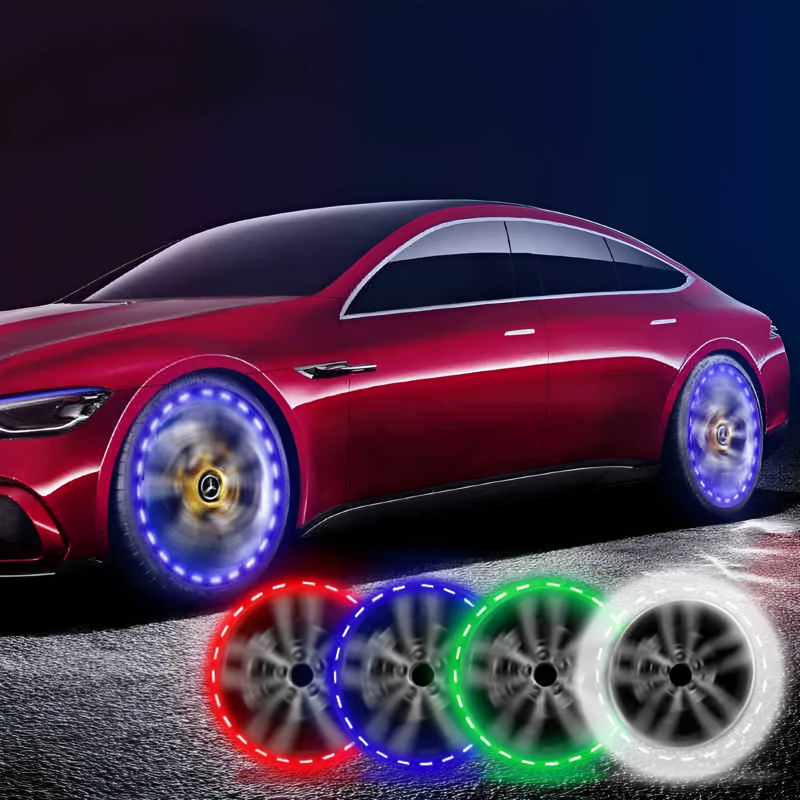Colourful solar-powered LED valve stem cap light for car or bike wheel.