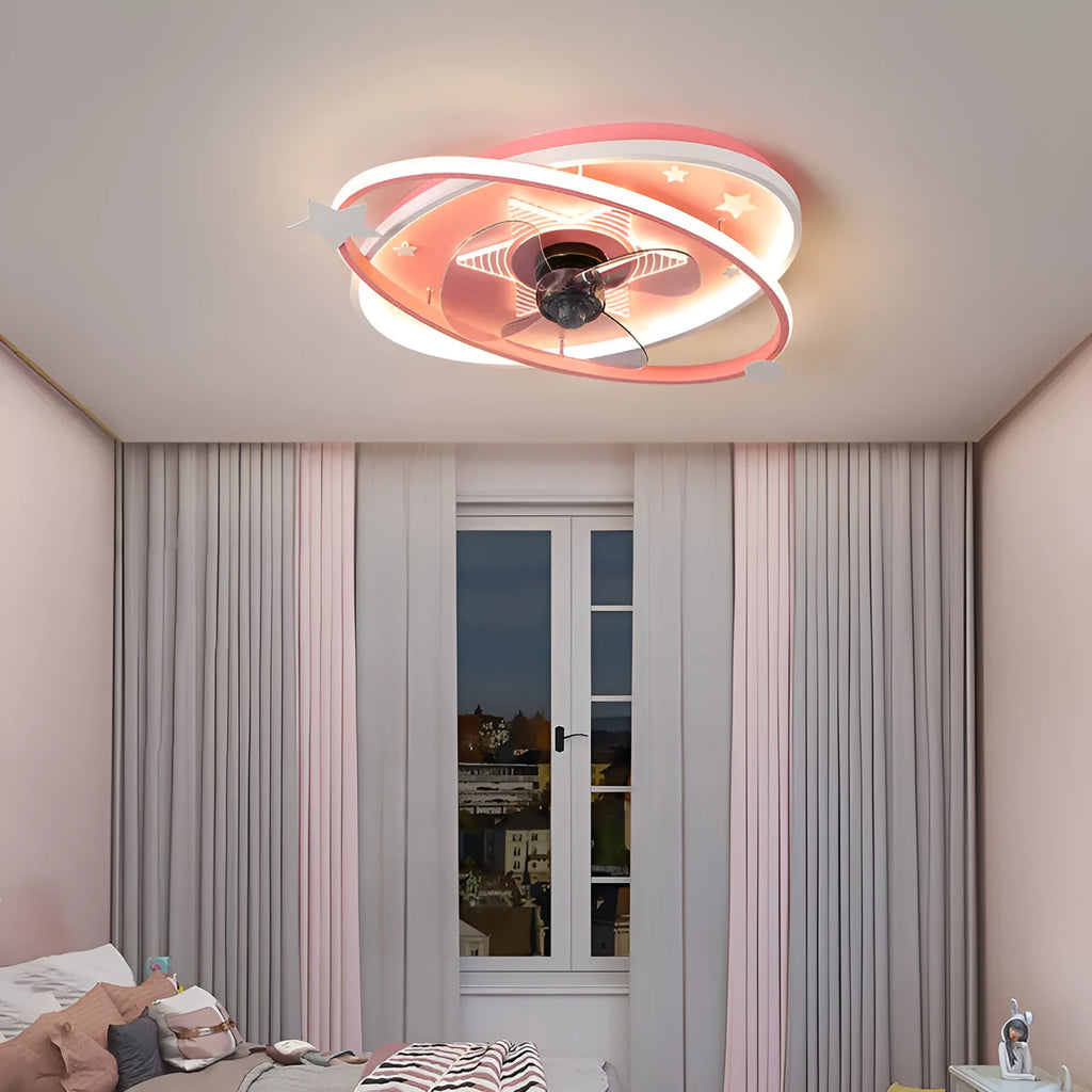 Modern rectangular children's bedroom ceiling light chandelier with integrated fan and acrylic shade.