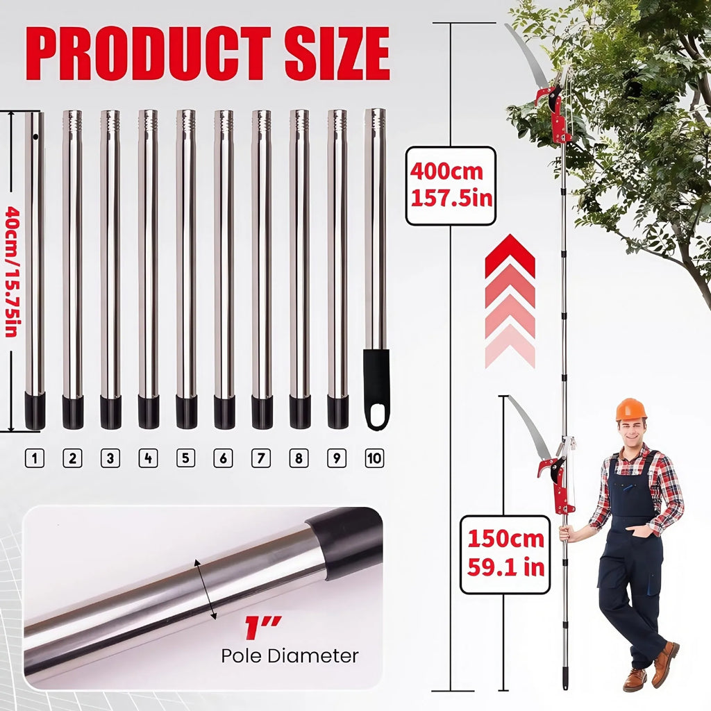 Pull rope pruning shears with extended 3.3 metre 8-section metal pole for high branch cutting