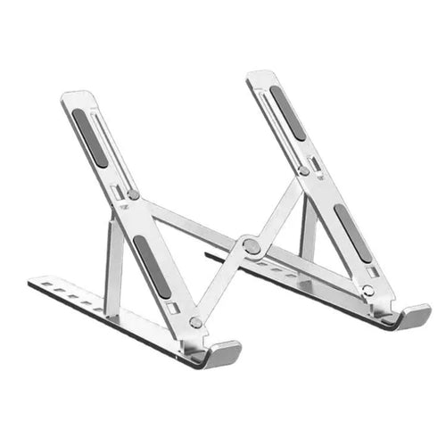 Silver aluminium alloy folding laptop stand for 16-18 inch devices with cloth carry bag