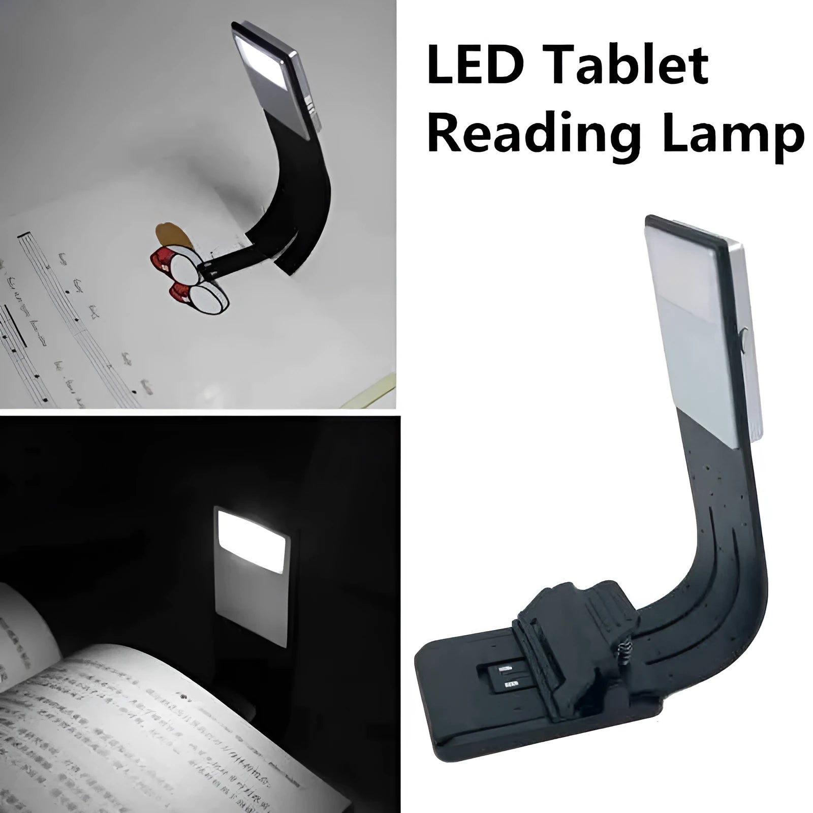 LEDGLE black USB rechargeable flexible clip LED book light with frosted panel and silicone arm on an e-reader
