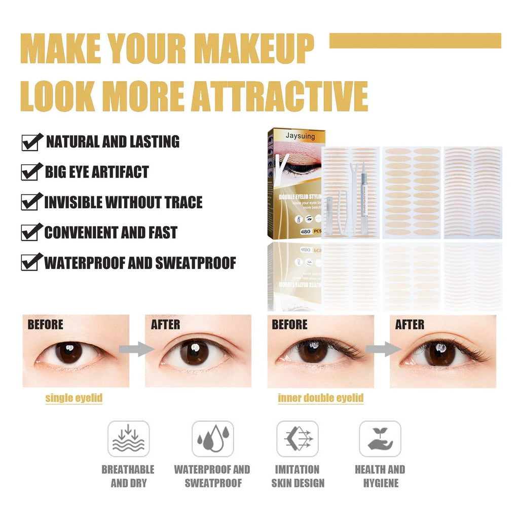 Double eyelid sticker set with 480 invisible pieces, Y clip, small clip, spray bottle and styling cream for natural eyelid crease