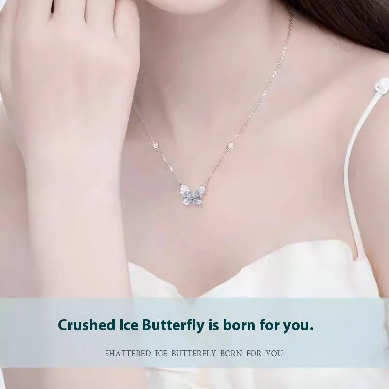 Bingyu butterfly necklace in S925 silver with ice rain pendant on adjustable O-ring chain.