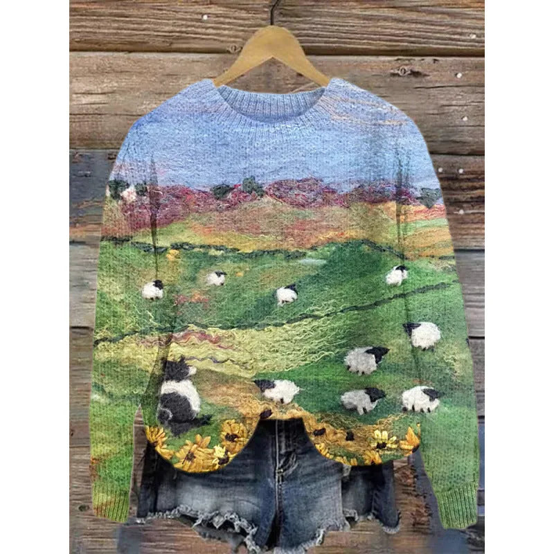 Women's little flower digital printed round neck long sleeve knitted sweater on a hanger.