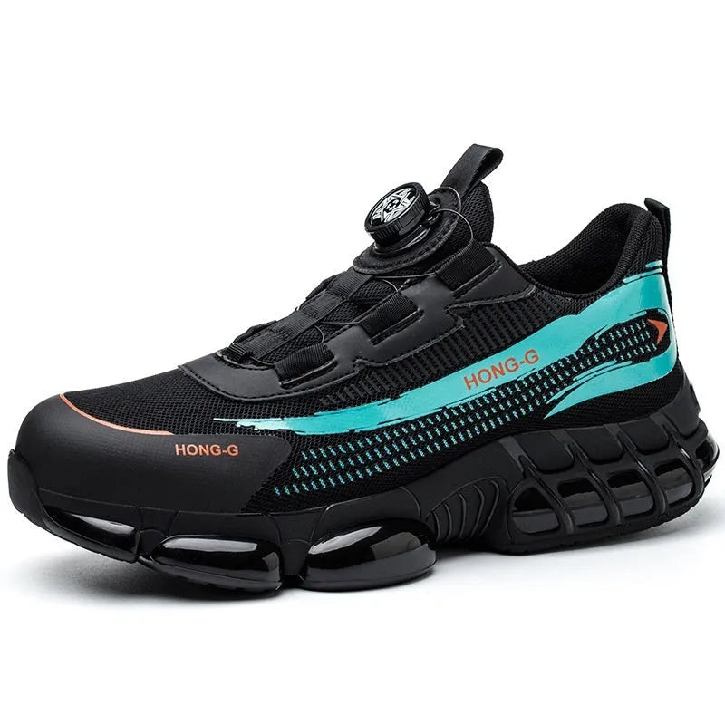 Lightweight black safety work shoes with steel toe cap and lace-up front on industrial background.