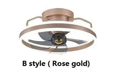 Modern white ceiling fan lamp with integrated light and five blades, mounted on a ceiling.