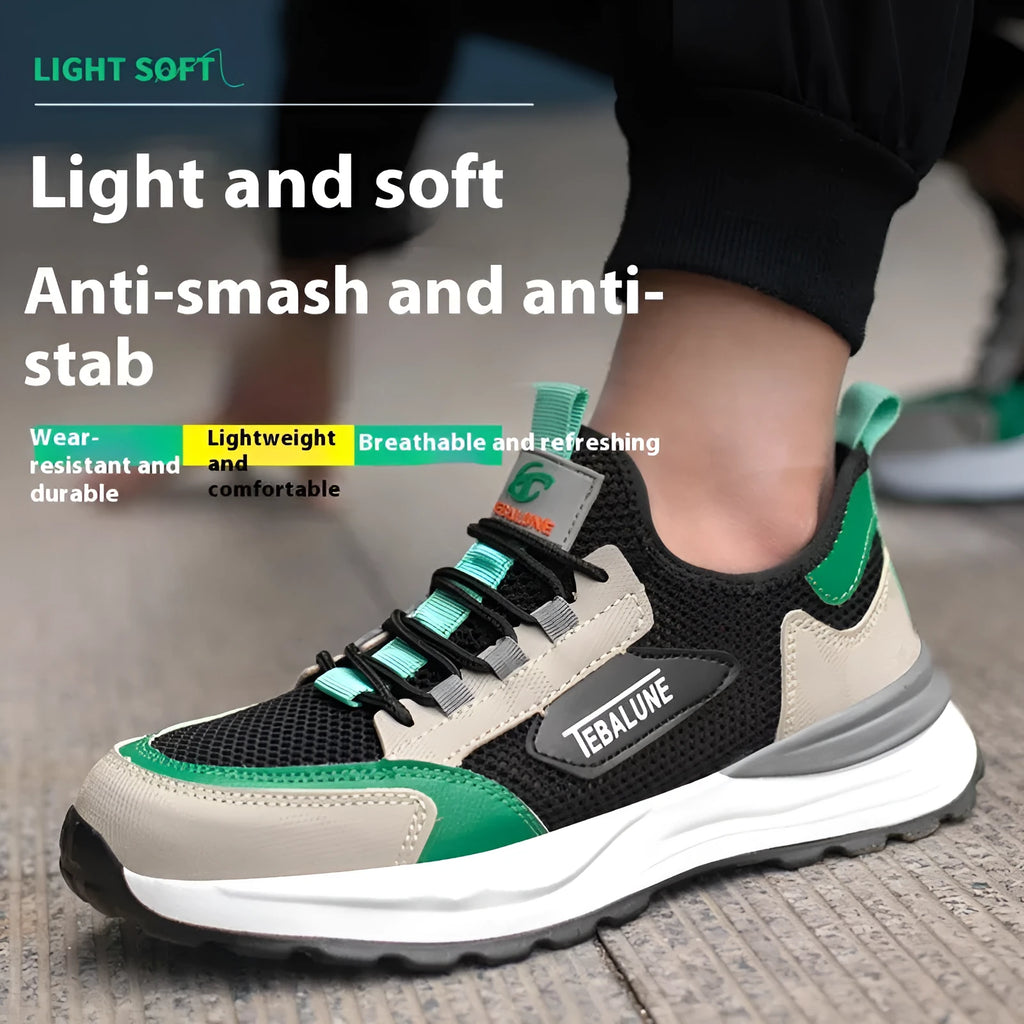 Black and green low-top safety shoes with a mesh panel and plastic steel toe cap on a TPU sole.