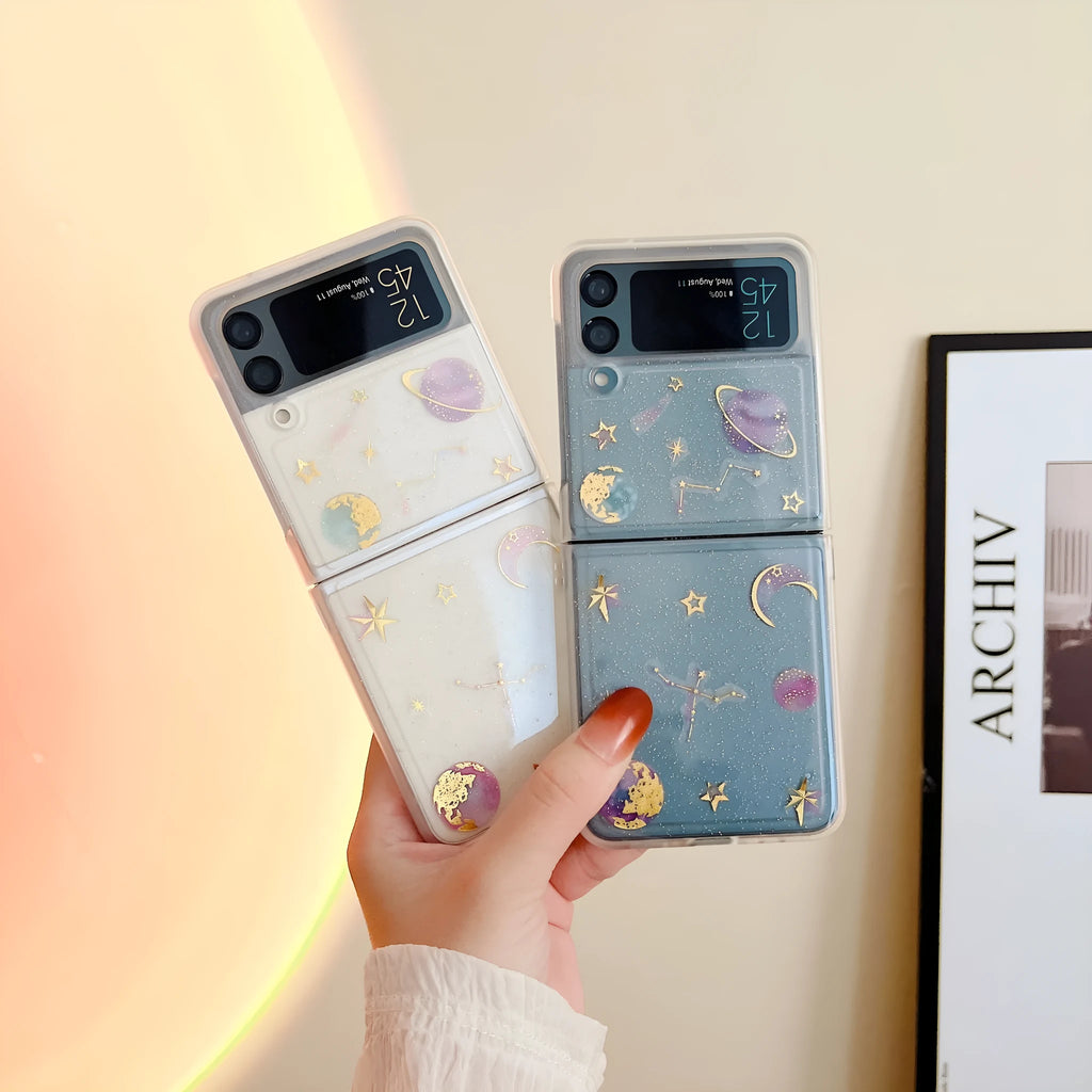 Samsung ZFlip3 ZFlip4 Phone Case Dropped Star Moon Design Folding Screen Protector Shockproof Anti-Drop Drip Glue Japanese Korean Trendy Style Rear Cover for Galaxy Z Flip 3 4 Drip Gum Bear