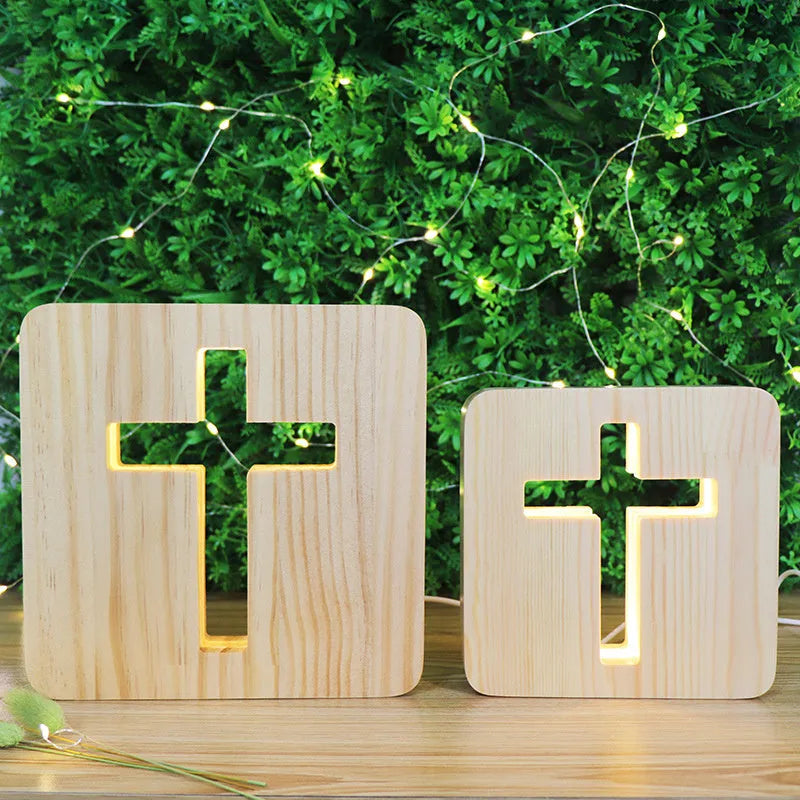 Solid wood hollow night lamp with warm white LED light and USB power cable