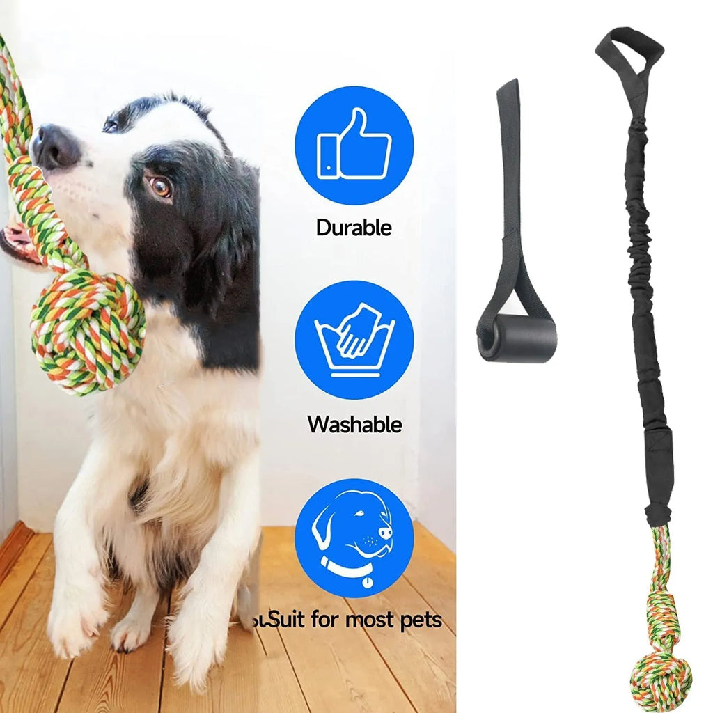 A woven cotton thread dog tug-of-war rope toy shown in black, grey and red colour options.