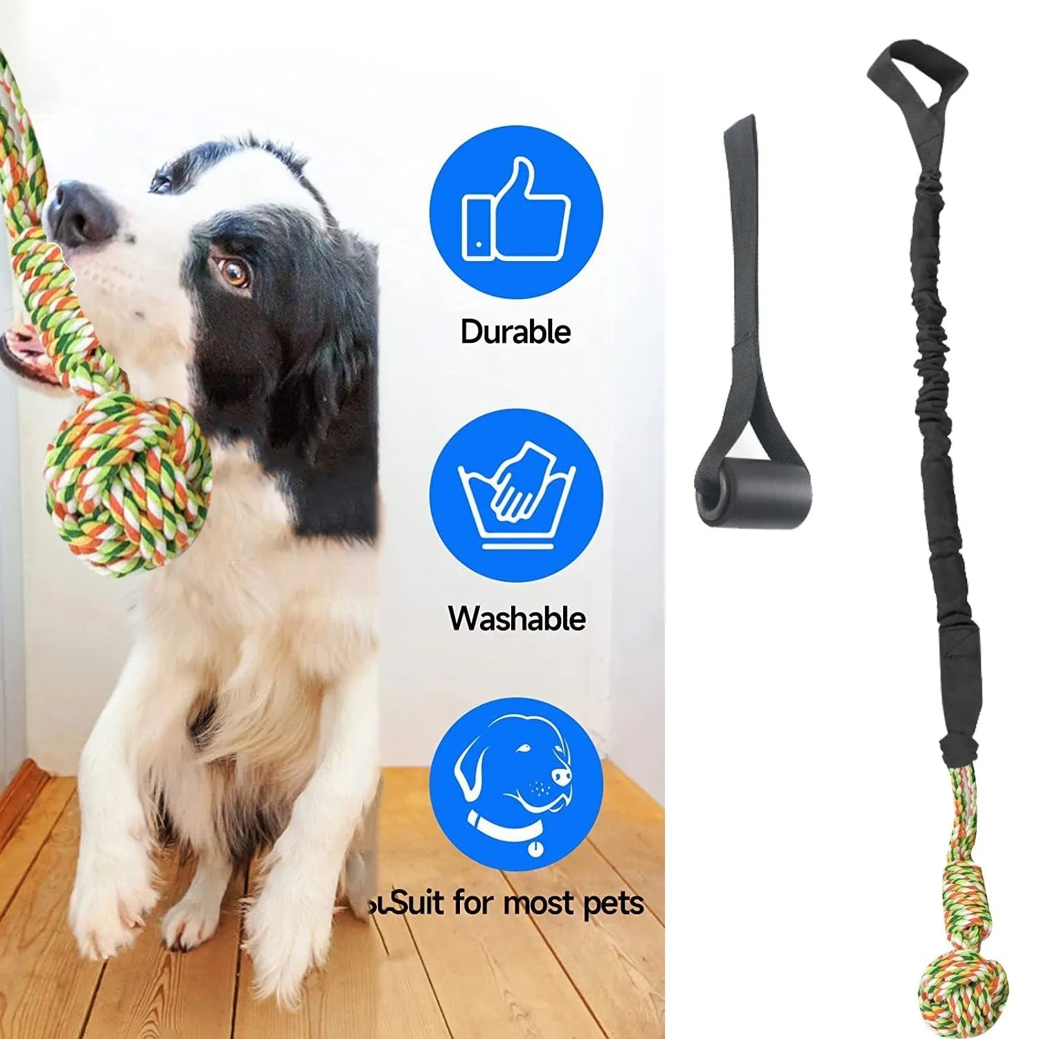 A woven cotton thread dog tug-of-war rope toy shown in black, grey and red colour options.