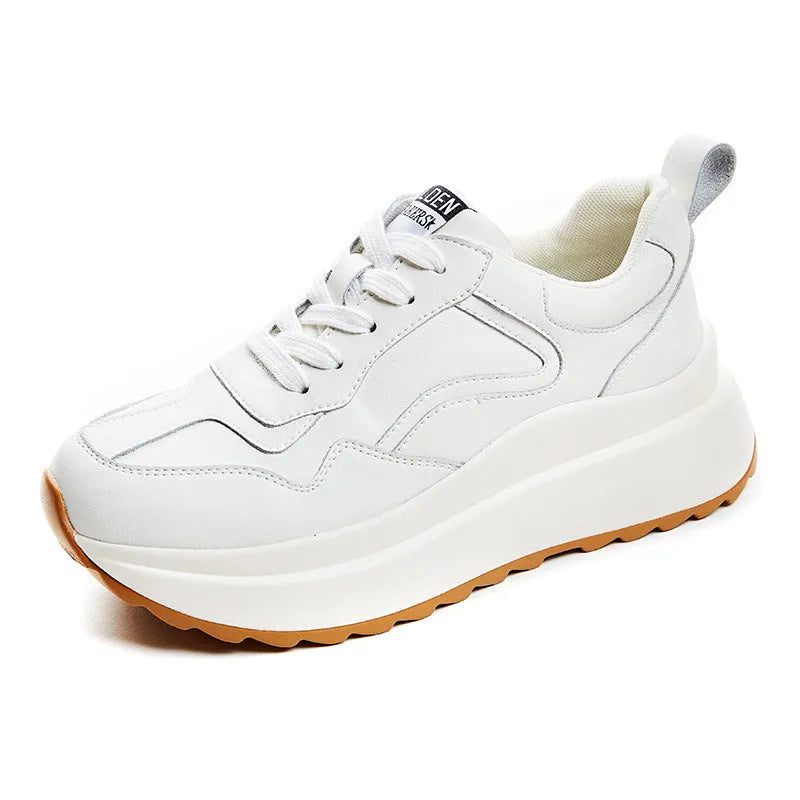 Women's white cowhide leather casual sports shoes with round toe, cross strap, and English muffin heel