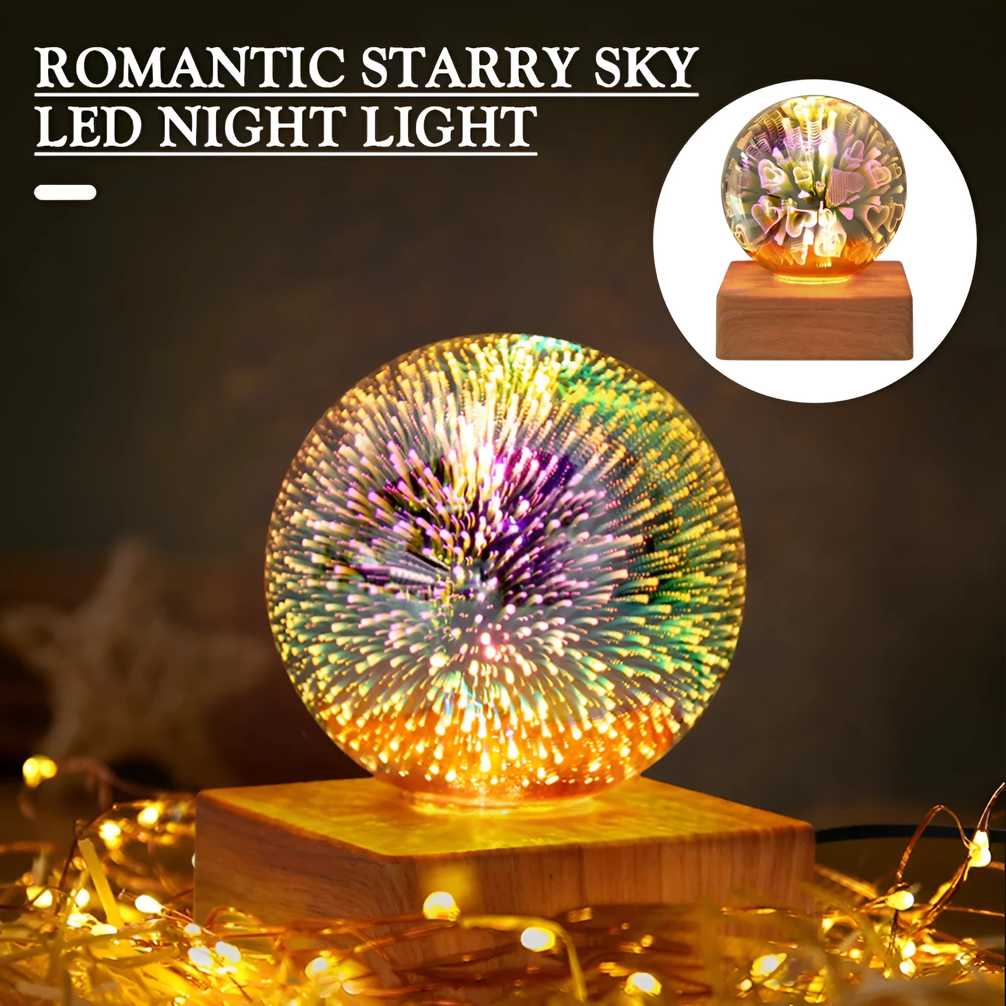 USB plug-in crystal ball LED night light showing fireworks design on a desk