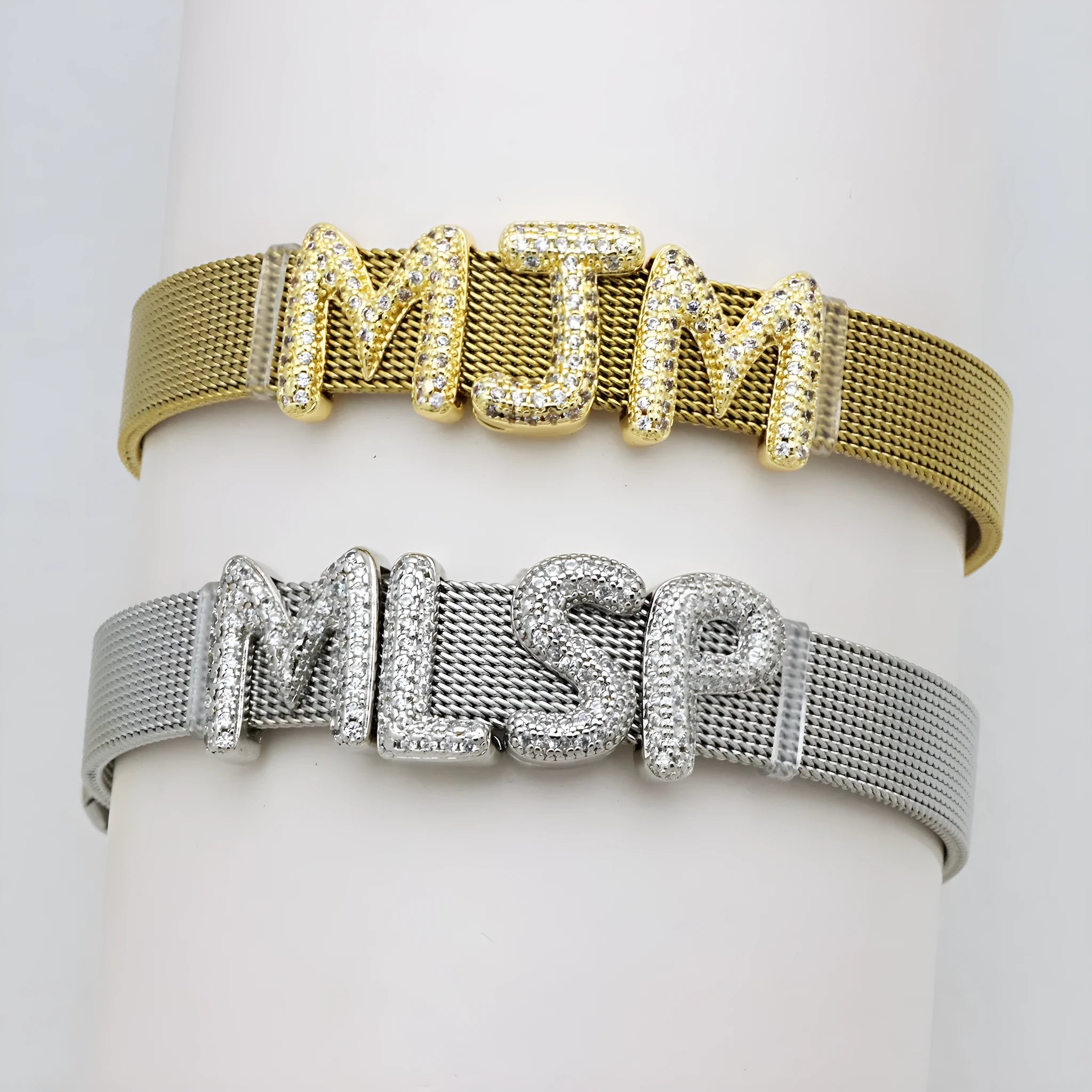 Copper letter bracelet with zirconium inlay showing detailed English character modelling in gold finish