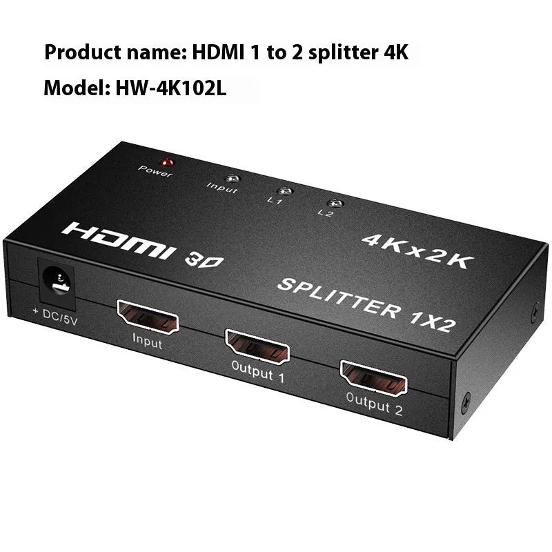 HDMI splitter device with one input and two output ports for 4K signal distribution