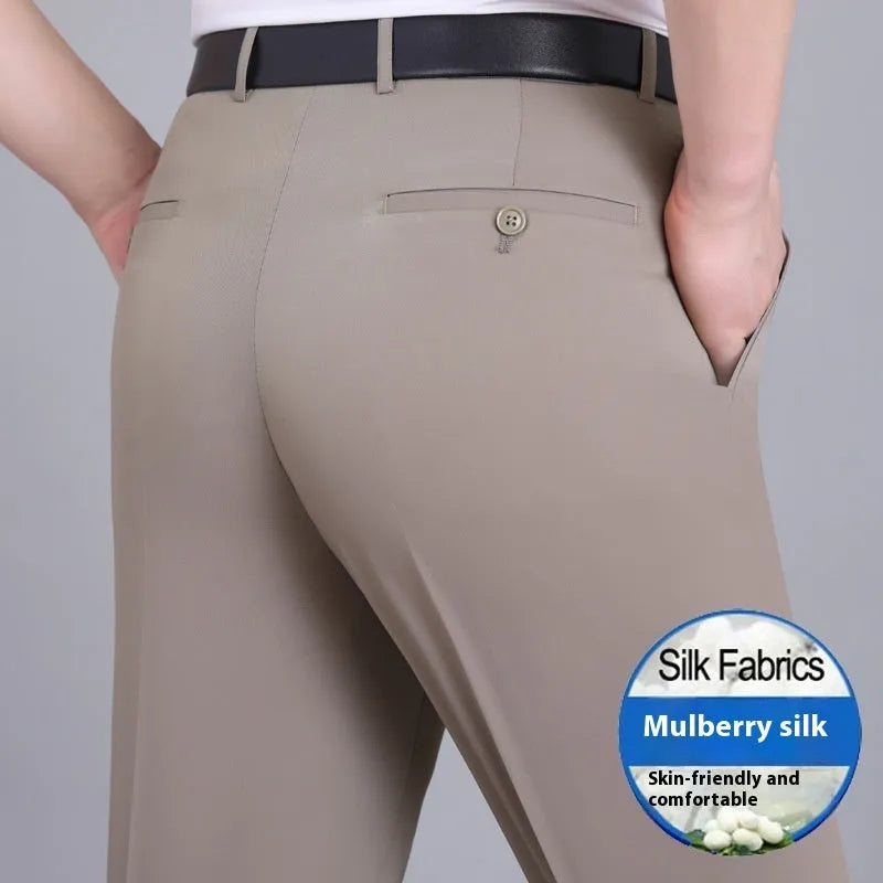 Men's straight-cut business trousers in dark blue with high waist and non-ironing construction