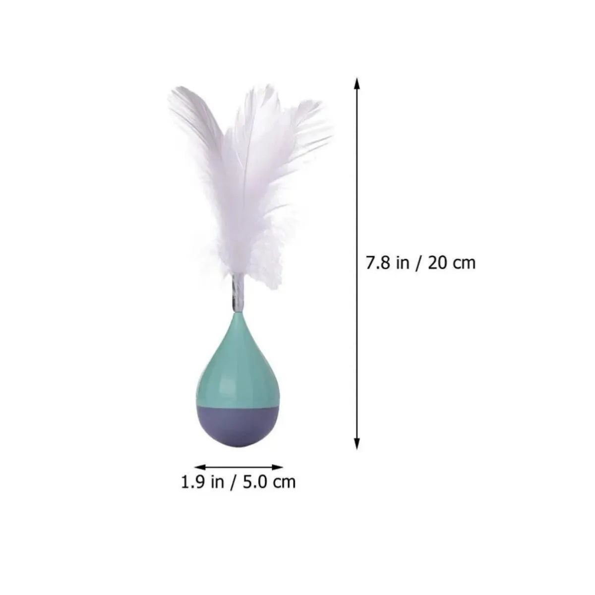 Feather tumbler cat toy with rolling ball and goose feather tease stick on a coloured background.