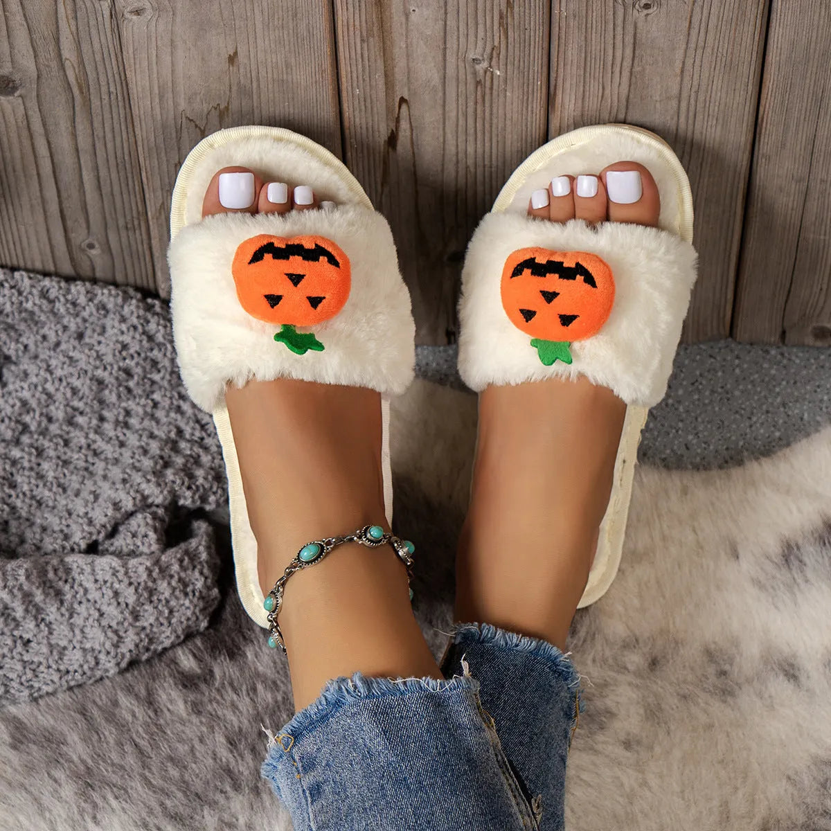 Yellow Halloween pumpkin plush open-toe slippers with synthetic fur and anti-slip PVC soles
