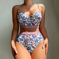 Blue women's high waist push-up bikini swimsuit with sleeveless design for swimming