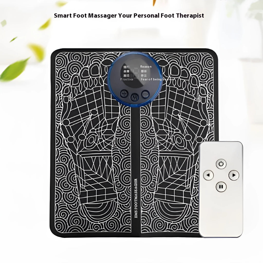 Pulse Micro-current leather foot massage cushions with remote control on a wooden floor.