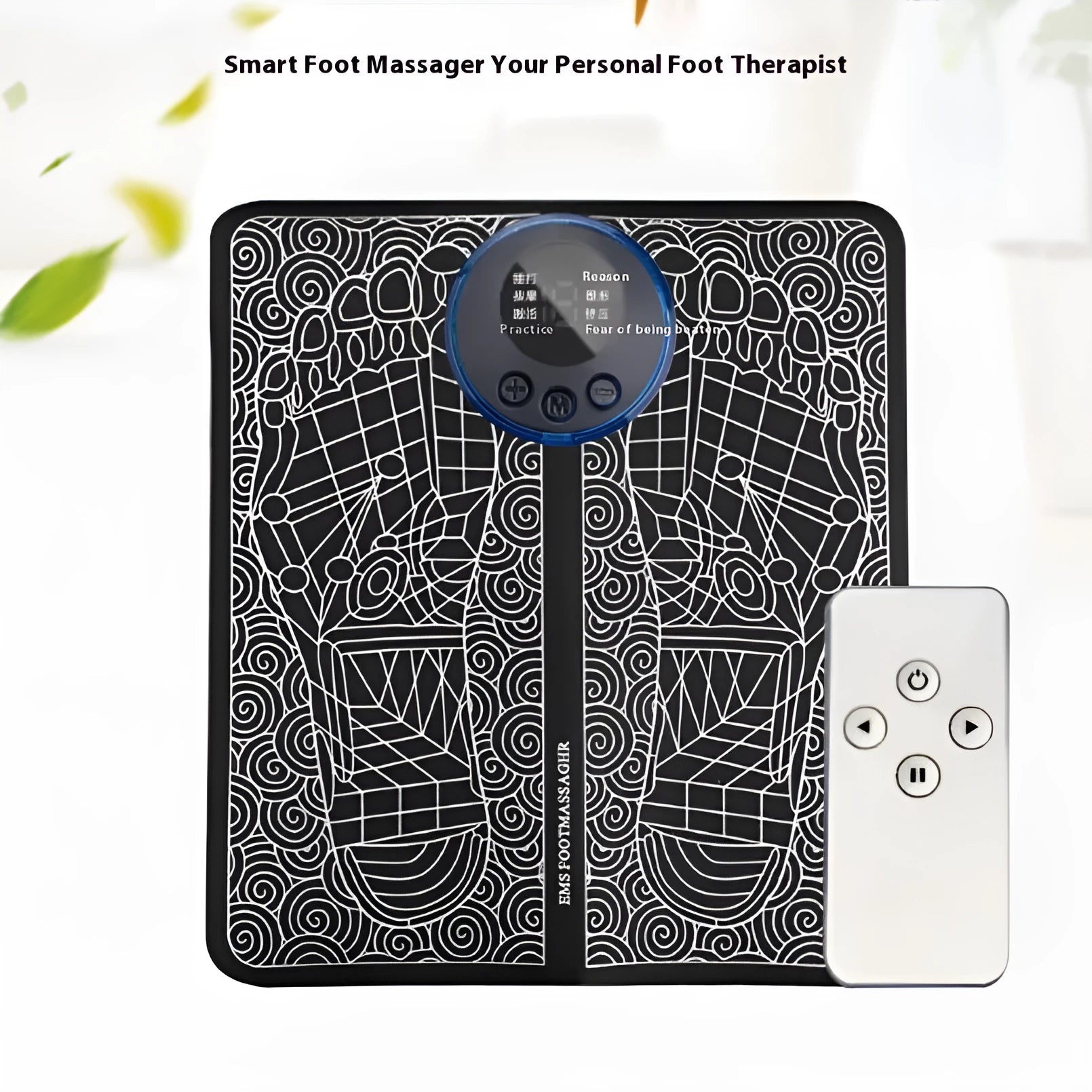 Pulse Micro-current leather foot massage cushions with remote control on a wooden floor.