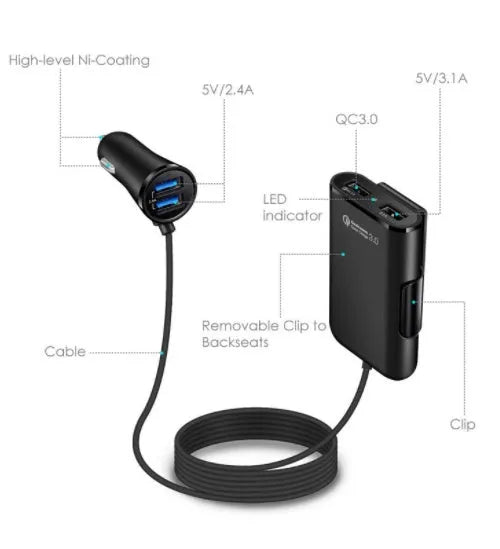 4 USB car charger with cable and clip, black or white, QC3.0, 1.7m cable