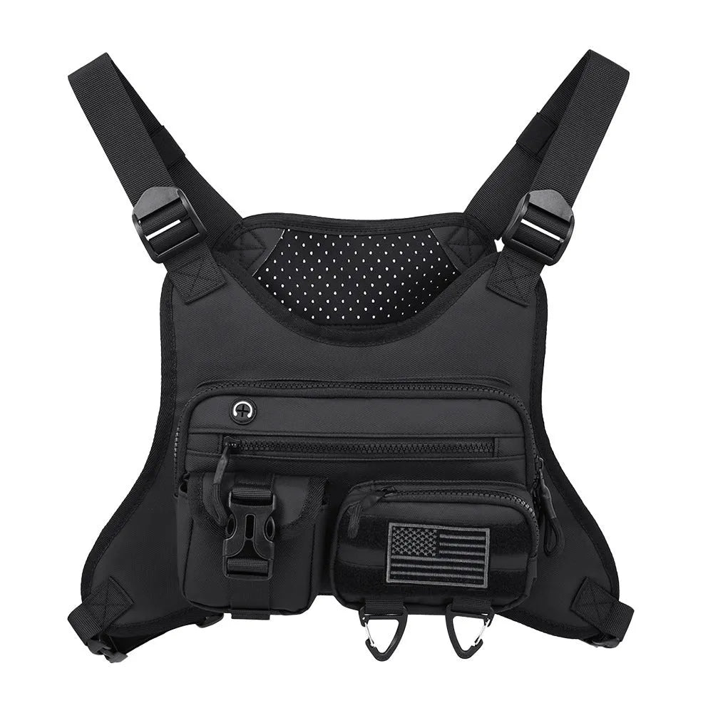 Black outdoor chest bag with adjustable straps, made from Oxford cloth with visible sewing lines.