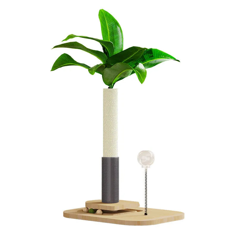 Vertical solid wood cat scratching post in canna colour with chamfered edges on a wooden column.