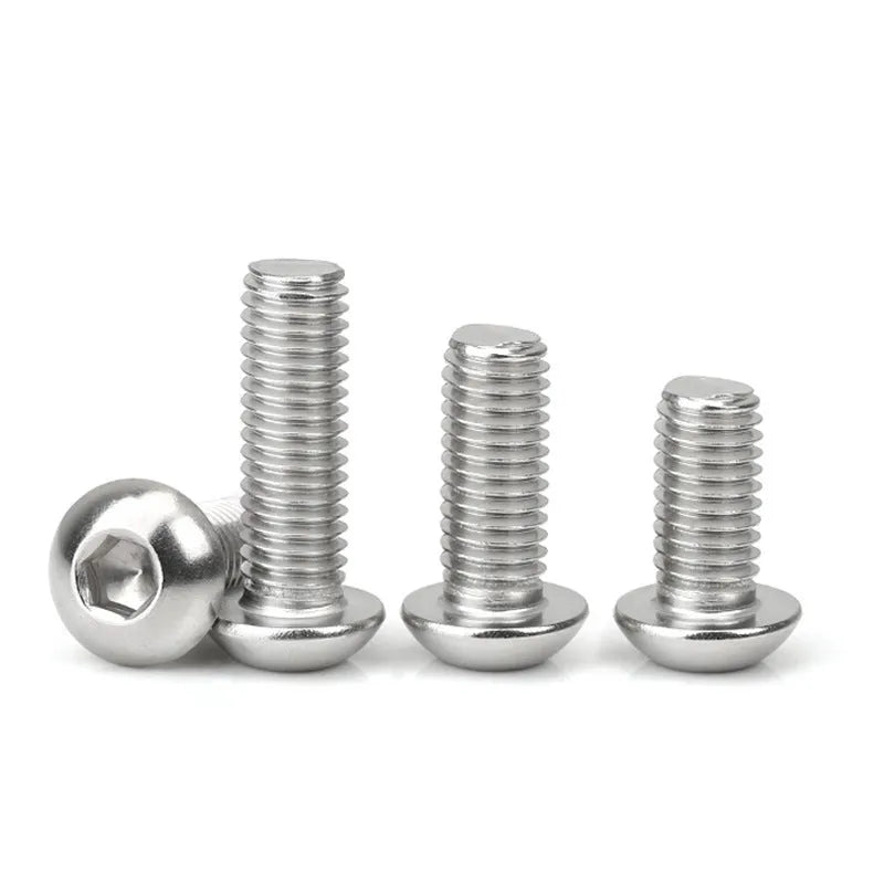 Stainless steel half round head pan head hexagon screw with whitewash finish on a grey background.