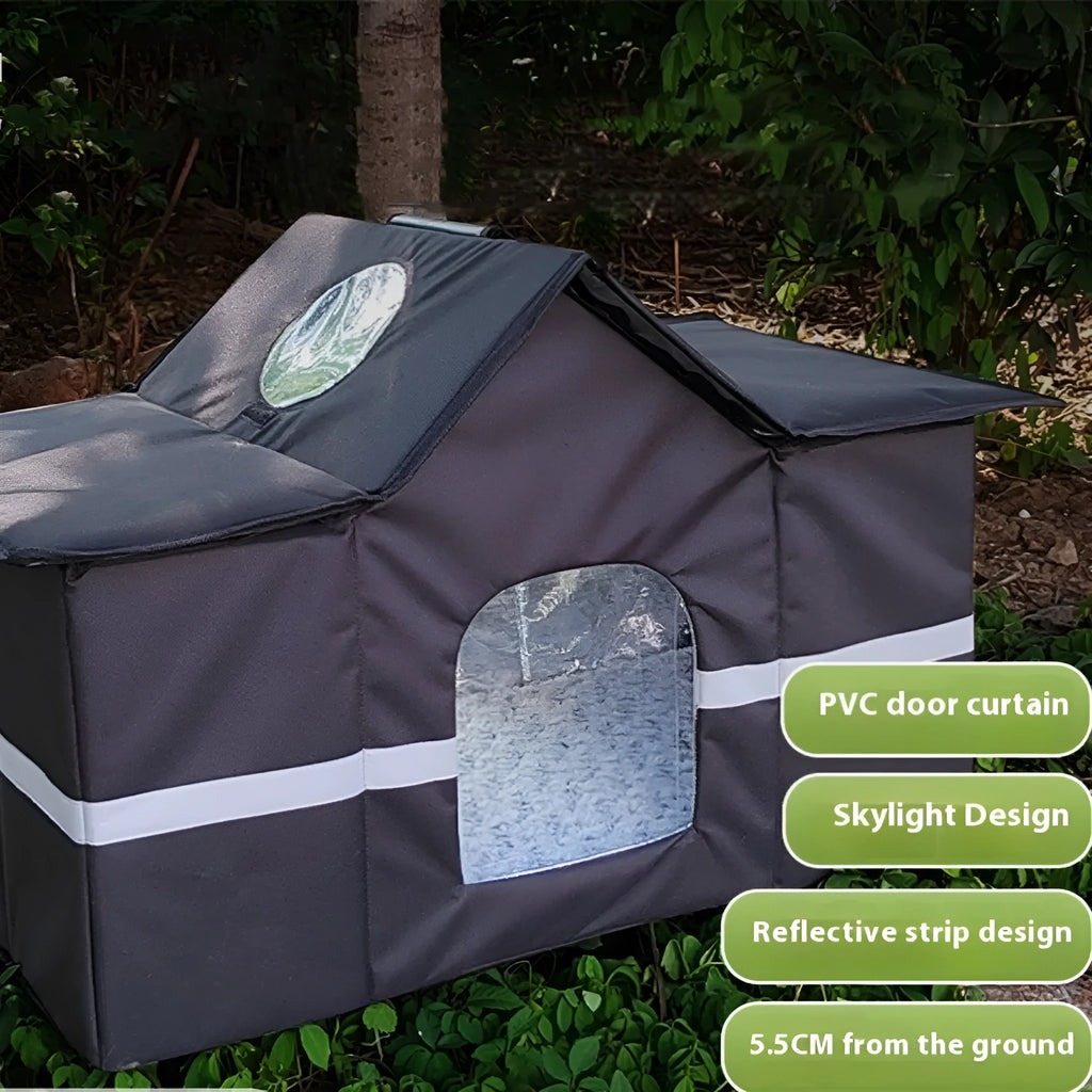 Black waterproof outdoor cat house with reflective striped sunroof, Oxford cloth and PE polypropylene hollow sheet pet bed