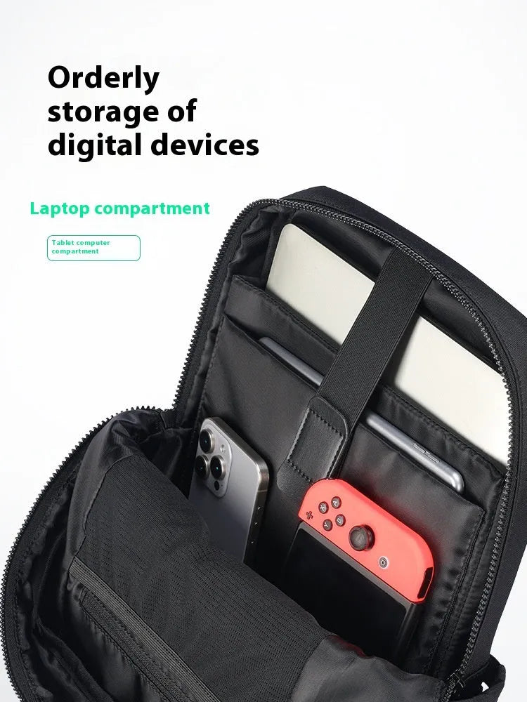Black Oxford cloth computer backpack showing storage compartments and 20-35 litre capacity