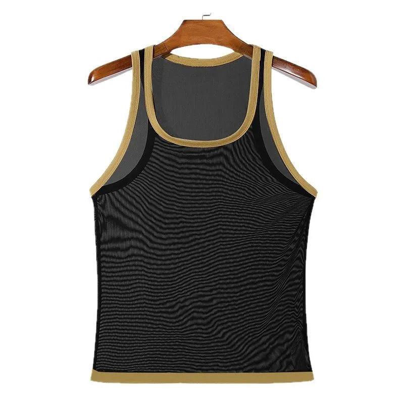 Men's black mesh athletic vest with straight hem for sports and fitness activities