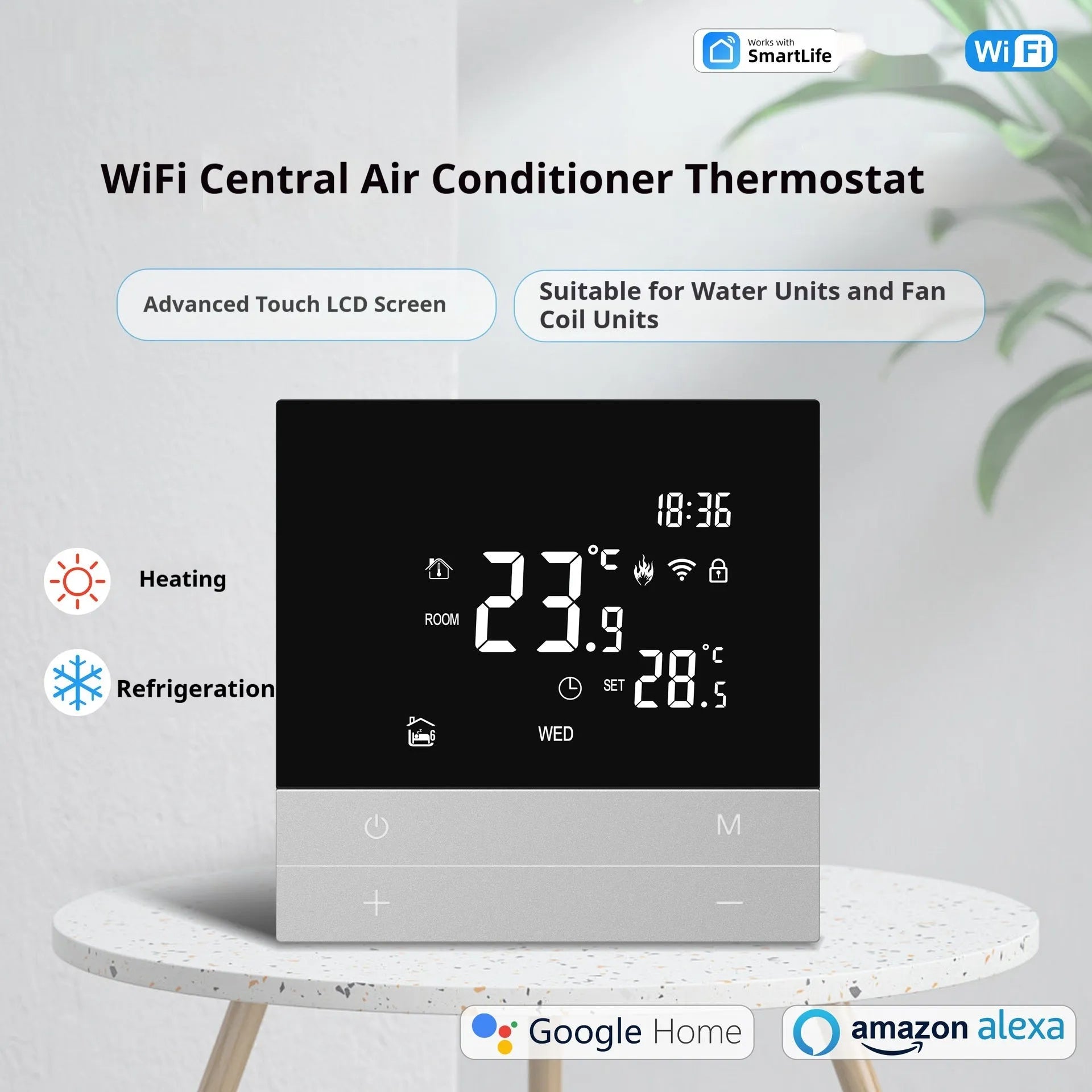 Central air-conditioning LCD touch screen thermostat 86x86mm white panel